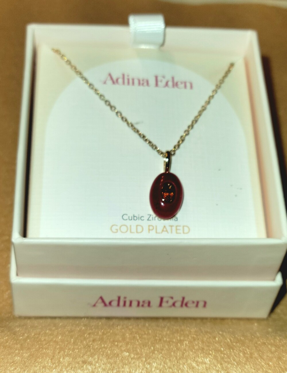 Adina Eden Gold-Plated Necklace with Red Oval Pendant and CZ Accent